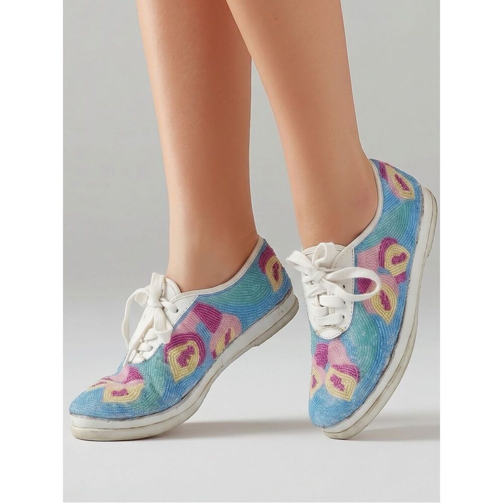 VINTAGE Beadz Beaded Lace Up Sneakers Pastels 7.5